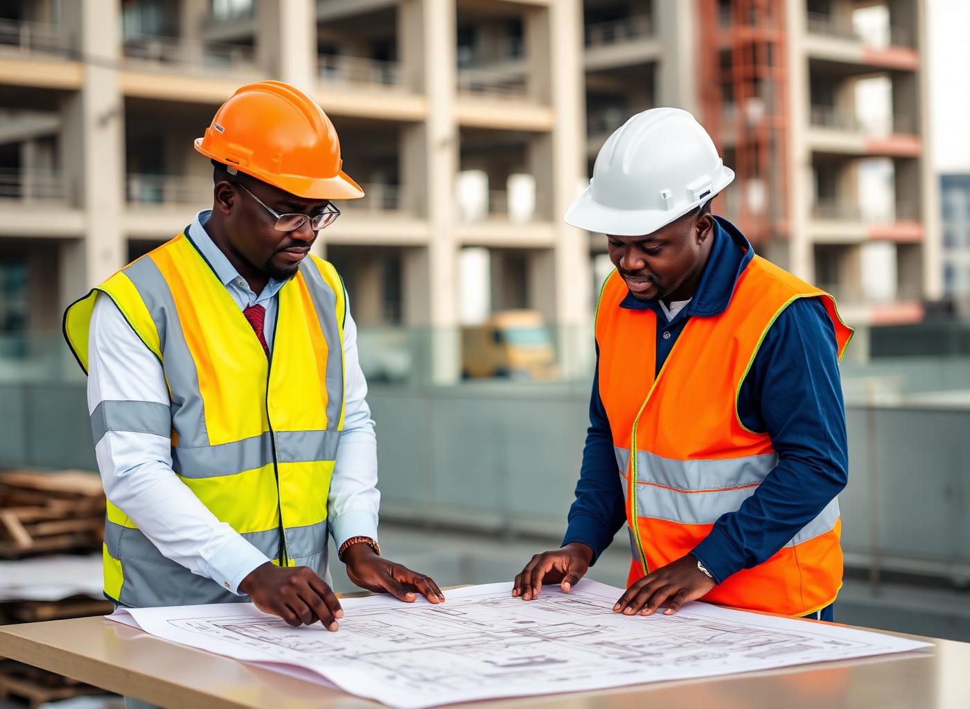 You2CanBuild engineers reviewing plans on an Accra construction site